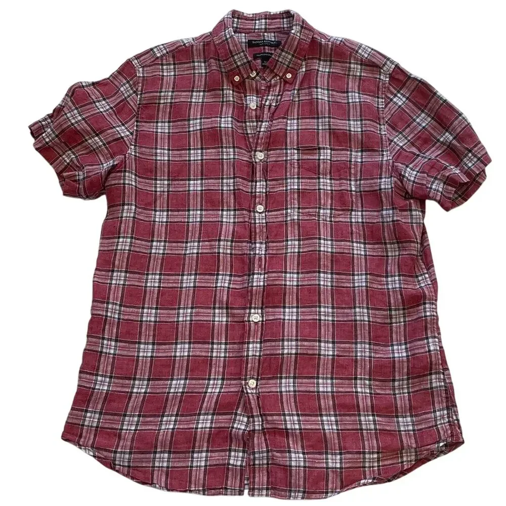 Banana Republic Camden Standard Fit Red Plaid Button Up Linen Shirt, M